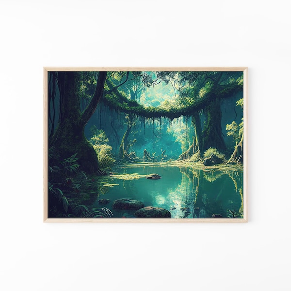Amazon Rainforest Landscape Painting Artwork, Gift For Nature Lovers ,Emerald Green Wall Art ,Rainforest Cave Decor, Office Decor