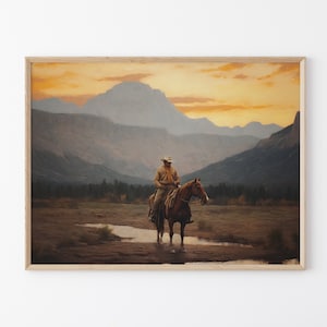 Stampa a olio di paesaggio vintage con cowboy, arte murale western, decorazione murale di metà secolo, decorazione rustica del sud-ovest #VLC14