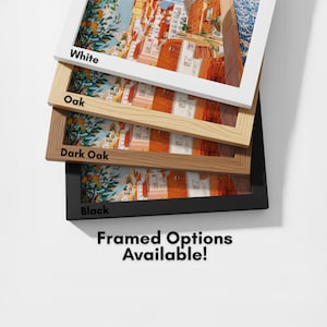 a collection of framed artworks, each with a different color and frame style, including white, oak, dark oak, and black. The text "framed options available!" indicates that these framed options are available for purchase.