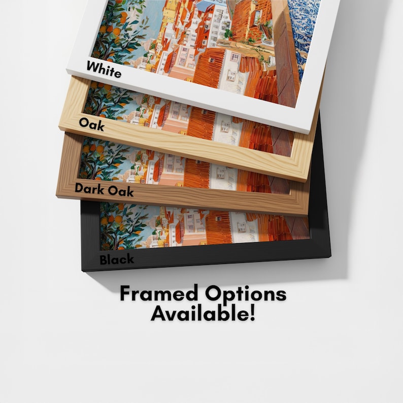 a collection of framed artworks, each with a different color and frame style, including white, oak, dark oak, and black. The text "framed options available!" indicates that these framed options are available for purchase.