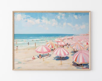 Pink Ocean | Abstract Coastal Painting Print | Girly Apartment Decor | Pink Wall Art | Girly Beach Maximalist Umbrella Painting | PO2