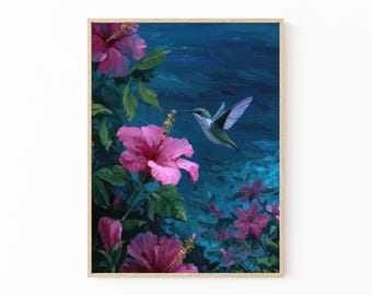 Lebhafter Tropischer Maximalist Vogel-Ölgemälde-Druck | Dunkelblaue Kolibri & Pink Pfau Dschungel Kunst | Exotischer Vogel Druck | VTM3