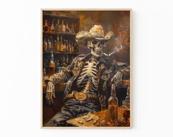 Wilder Westen bleibt Skelett Cowboy in einer Bar Ölgemälde Druck | Western Wand Kunst | Cowboy Kunst | Road Trip Geschenk | Südwestlicher Druck | WWR4