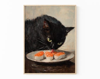 Black Cat Sushi Oil Painting | Tokyo Art Print | Oishii Cat Print | Delicious Japanese Food Art | Kitchen Wall Art | Sushi Art | BCS2