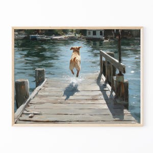 Happy Dog Jumping Off Dock Oil Painting Print | Happy Summertime Dog Art | Coastal Decor | Boat House Art | Gift for Dog Lovers | HDO1