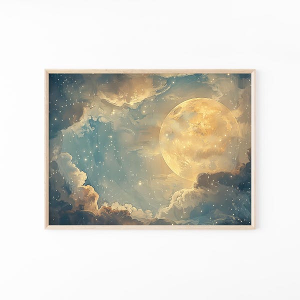 Vintage Enchanting Celestial Moon Art Oil Painting Print | Dark Academia & Dark Cottagecore | Night Sky Painting | Moon Art Print | VEC5
