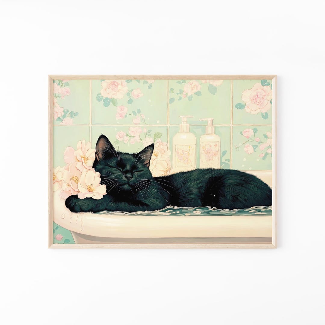 Black Cat in a Bathtub Painting Print | Japanese Bathroom Wall Art ...