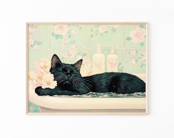 Black cat in a bathtub Painting Print | Japanese Bathroom Wall Art | Relaxation poster | Japan cat wall art | Neutral Japandi Print | BIC7