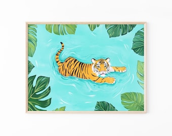 Impresión de pintura al óleo de tigre caminando en el río / Arte mural de animales / Animales de safari / Decoración de pared tropical / Pintura de jungla / Tigre nadando / TWI8