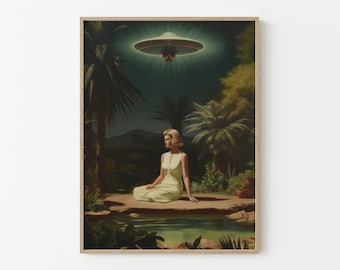 Más allá (arte ovni, arte mural psicodélico, arte retro, arte cósmico, arte vintage, arte espacial, láminas artísticas)