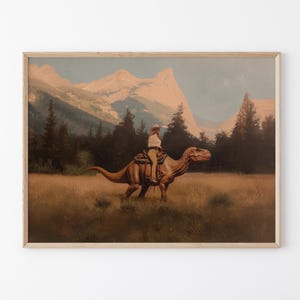 Vintage Dinosaur Cowgirl Oil Painting Print | Western Jurassic Dinosaur Print | Gift for Her, Funny Print | VDG6