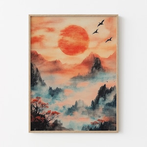 Japanese Maple Tree at Sunset Oil Painting Canvas Print | Vintage Japanese Inspired Print Canvas Art | Retro Japanese Art | TMJ5