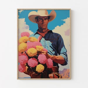 Arte floreale da cowboy, stampa artistica da cowboy vintage, stampa artistica western, regalo da cowboy western, decorazione da cowboy retrò, dipinto da cowboy western FCA1