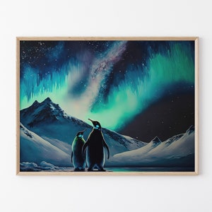 Loving Penguins Aurora Borealis (Northern Lights) Oil Painting Print, Matte Wall Art Print, Penguin Home Decor, Gift for Penguin Lovers