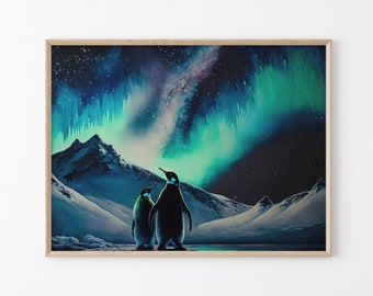 Loving Penguins Aurora Borealis (Northern Lights) Oil Painting Print, Matte Wall Art Print, Penguin Home Decor, Gift for Penguin Lovers