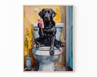 Black Labrador Sitting on Toilet with Phone Painting Print | Black Lab with Phone | Funny Dog Animal Picture Bathroom Wall Art Gift | BLS4