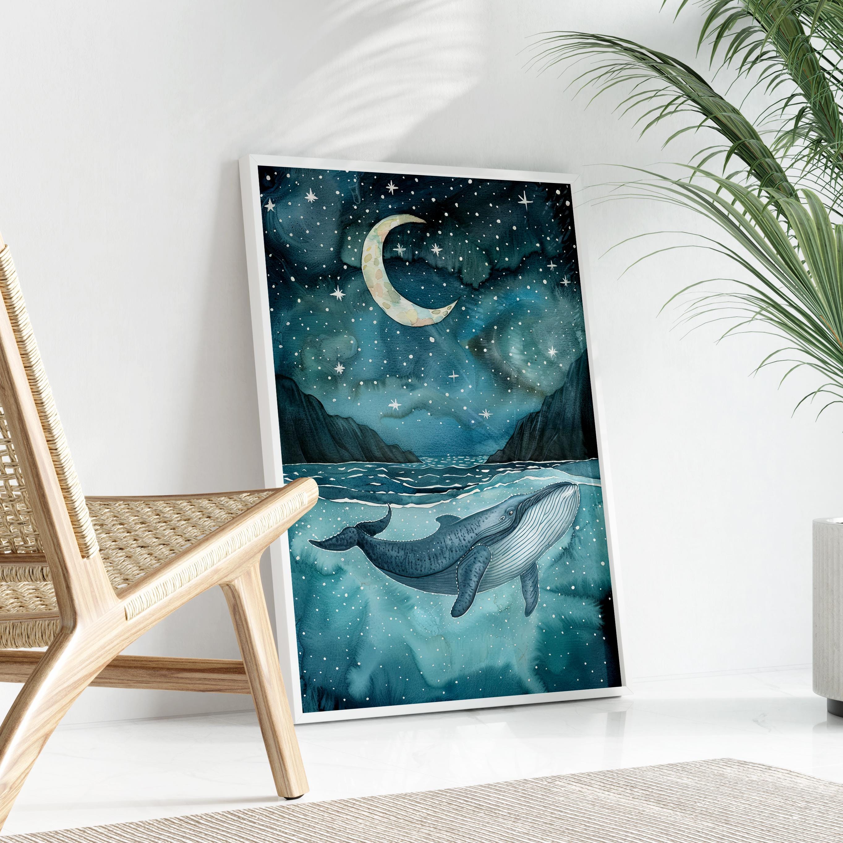 天空の夜のクジラの水彩画 | ザトウクジラ | 保育園用水彩画プリント