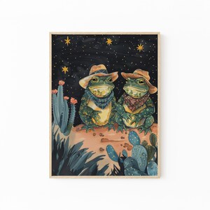 Pintura al óleo enmarcada de una rana vaquera / Impresión de una rana vaquera / Sapo y rana coloridos y divertidos con sombreros de vaquero y cactus / FCF4
