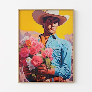 Arte floreale da cowboy, stampa artistica da cowboy vintage, stampa artistica western, regalo da cowboy western, decorazione da cowboy retrò, dipinto da cowboy western FCA5