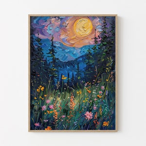 Moon above the Wildflowers and Woodland Oil Painting Print | Full Moon above Nature, Flowers and Trees | Mystical Midnight Enchanted | MAT4