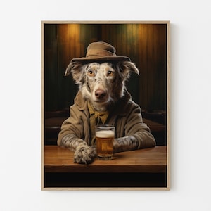 Impresión de pintura al óleo de un perro bebiendo cerveza, arte mural de cerveza, arte surrealista, arte de cerveza, arte animal