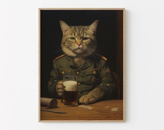 Funny Animals Cat Drinking Beer Oil Painting Print, Beer Wall Art, Beer Artwork, Surrealism Artwork, Beer Artwork, Animal Artwork