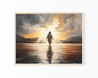 Jesus Christ Walking on Water Original Oil Painting, Christian Print Art, Religious Wall Art Matte Print, Religious Wall Decor, Holy Clouds