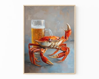 Relaxed Crab Oil Painting Print | Beer Wall Art | Funny Bar Prints | Crab with Beer Artwork | Funny Gifts for Him | CBF8