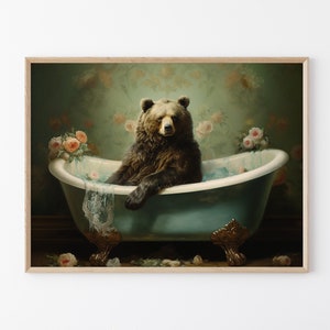 Stampa a olio di "Orso nella vasca da bagno" / Divertente decorazione da parete per il bagno, Stampa surrealista di un orso nero, Arte animale stravagante, Umorismo nero BIT2