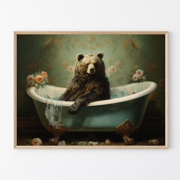 Impression de peinture à l'huile ours dans la baignoire | Art mural drôle de salle de bain, impression surréaliste d'ours noir, art animalier fantaisiste, humour noir BIT2