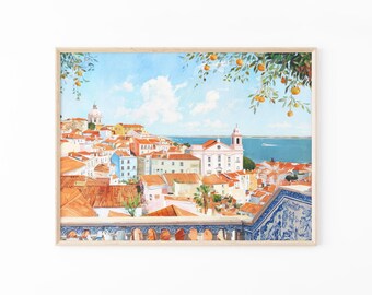 Lisbon Landscape Oil Painting Print | Portugal Art Print | Portuguese Tile Art | New Home | Housewarming Gift | LLO7