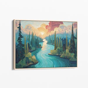 Long and Winding Forest River Oil Painting Canvas Print | Forest River Canvas Wall Art | Tree and Nature Art | Mountain Forest Decor | LAW7