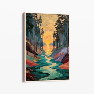 Long and Winding Forest River Oil Painting Canvas Print | Forest River Canvas Wall Art | Tree and Nature Art | Mountain Forest Decor | LAW4