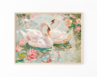 Pastel Swan in a Pond Oil Painting Print | Soft Pastel Wall Art | Pink and Green Decor | Girly Office Painting | PSIA1