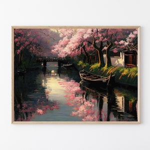 Cherry Blossom Sakura Trees along Meguro River, in Tokyo Nature Art Matte Print, Oil Painting, For Home Nature Decor, Gift For Japan Lovers