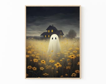 Ghost Flower Painting Print, Dark Romantic Ghost Standing in The Flower Field Creepy, Horror Spooky Cute, Wall Art Halloween Poster GFPD1