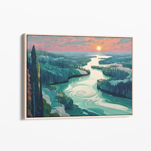 Long and Winding Forest River Oil Painting Canvas Print | Forest River Canvas Wall Art | Tree and Nature Art | Mountain Forest Decor | LAW5