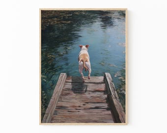 Happy Labrador Dog Jumping Off the Dock | Summertime Lake Painting Print | CGG4