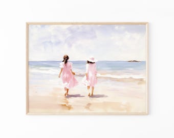 Girly Beach Painting Print | Coastal Apartment Decor | Soft Aesthetic Painting | Pink and Blue | Matte Painting Print | GPP2