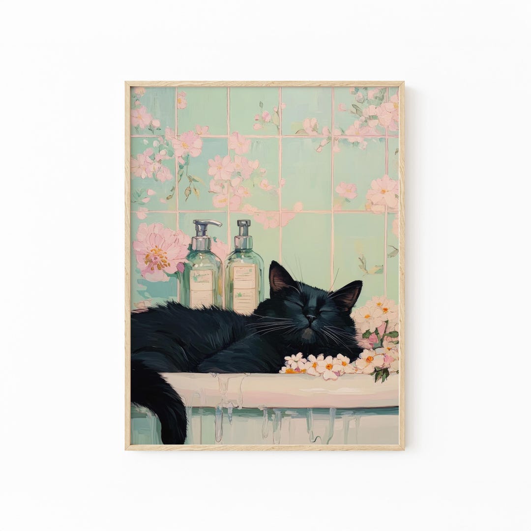 Black Cat in a Bathtub Painting Print | Japanese Bathroom Wall Art ...