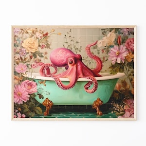 Octopus In A Bathtub In A Luxury Bathroom Oil Painting Print | Octopus Gift | Octopus Wall Art | Funky Eclectic Bathroom Decor | OIA5