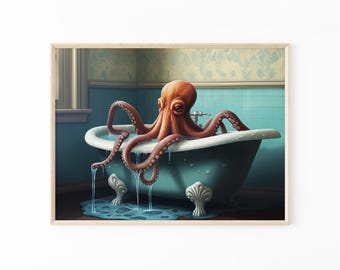 Octopus in the Bathtub Oil Painting Print | Funny Bathroom Wall Art | Surreal Octopus Wall Art | Dark Humor | OIT1