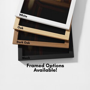 framed options available, with four different colored frames stacked on top of each other against a white background.