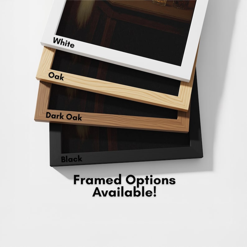 framed options available, with four different colored frames stacked on top of each other against a white background.