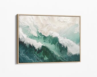 Deep Green Ocean Wave Oil Painting Print | On Stretched Canvas | Large Wall Art | Abstract Seascape Painting Beach Decor Boho | MOW4
