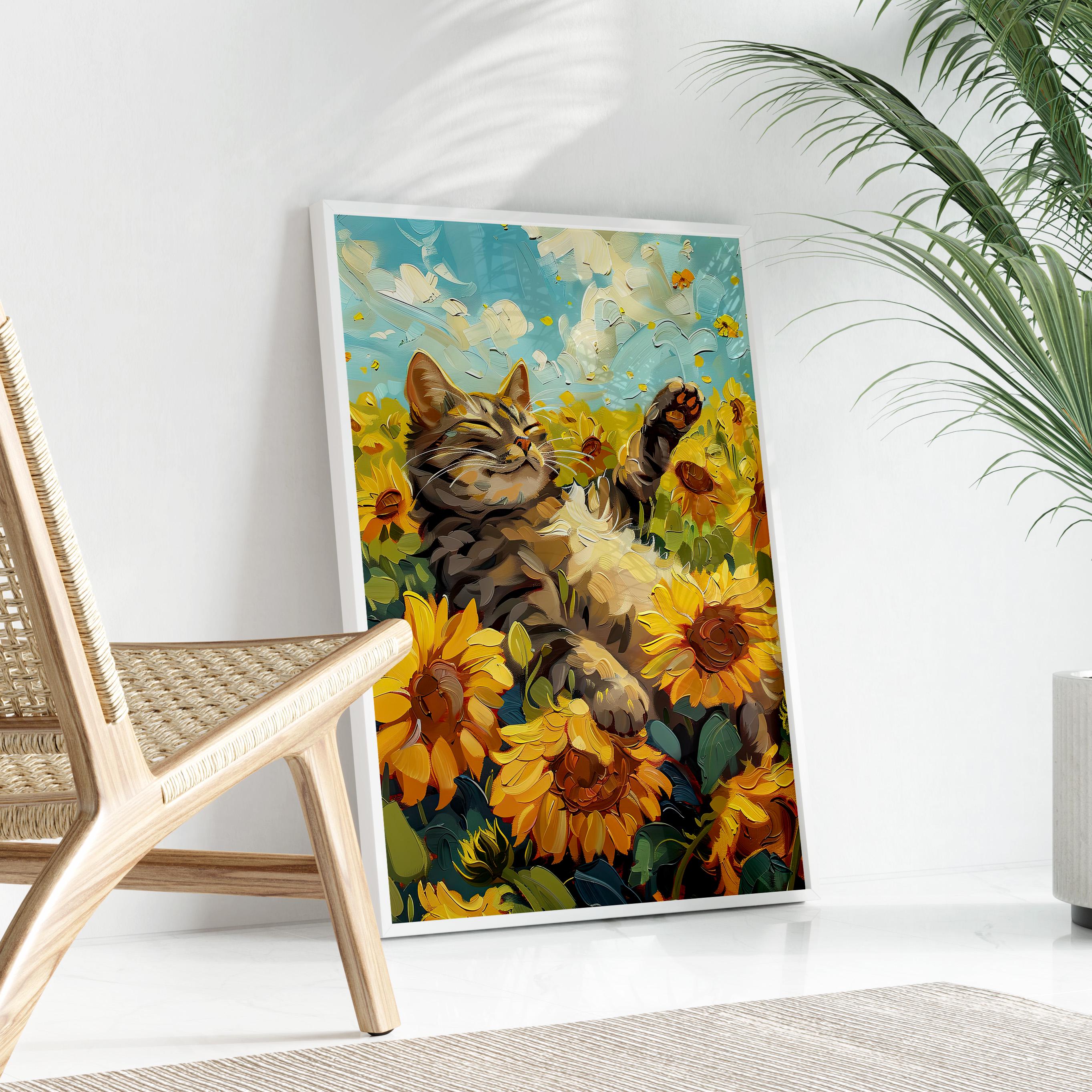ヴィンテージひまわり猫油絵プリント | ゴッホのひまわり静物画に