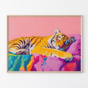 Sleeping Tiger In Bed Oil Painting Print | Maximalist Wall Decor | Tiger Print | Tiger Wall Art | Jungle Decor | Tiger Bedroom Decor | STIA8
