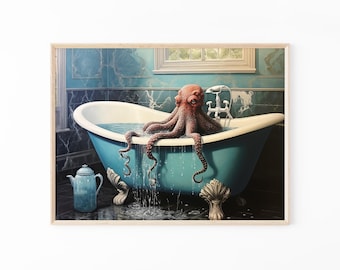 Octopus in the Bathtub Oil Painting Print | Funny Bathroom Wall Art | Surreal Octopus Wall Art | Dark Humor | OIT2
