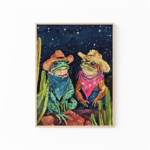 Impresión de pintura al óleo de rana vaquera / Impresión de rana vaquera / Sapo y rana coloridos, divertidos y extravagantes, con sombreros de vaquero y cactus / FCF1