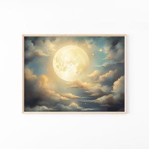 Vintage Enchanting Celestial Moon Art Oil Painting Print | Dark Academia & Dark Cottagecore | Night Sky Painting | Moon Art Print | VEC8